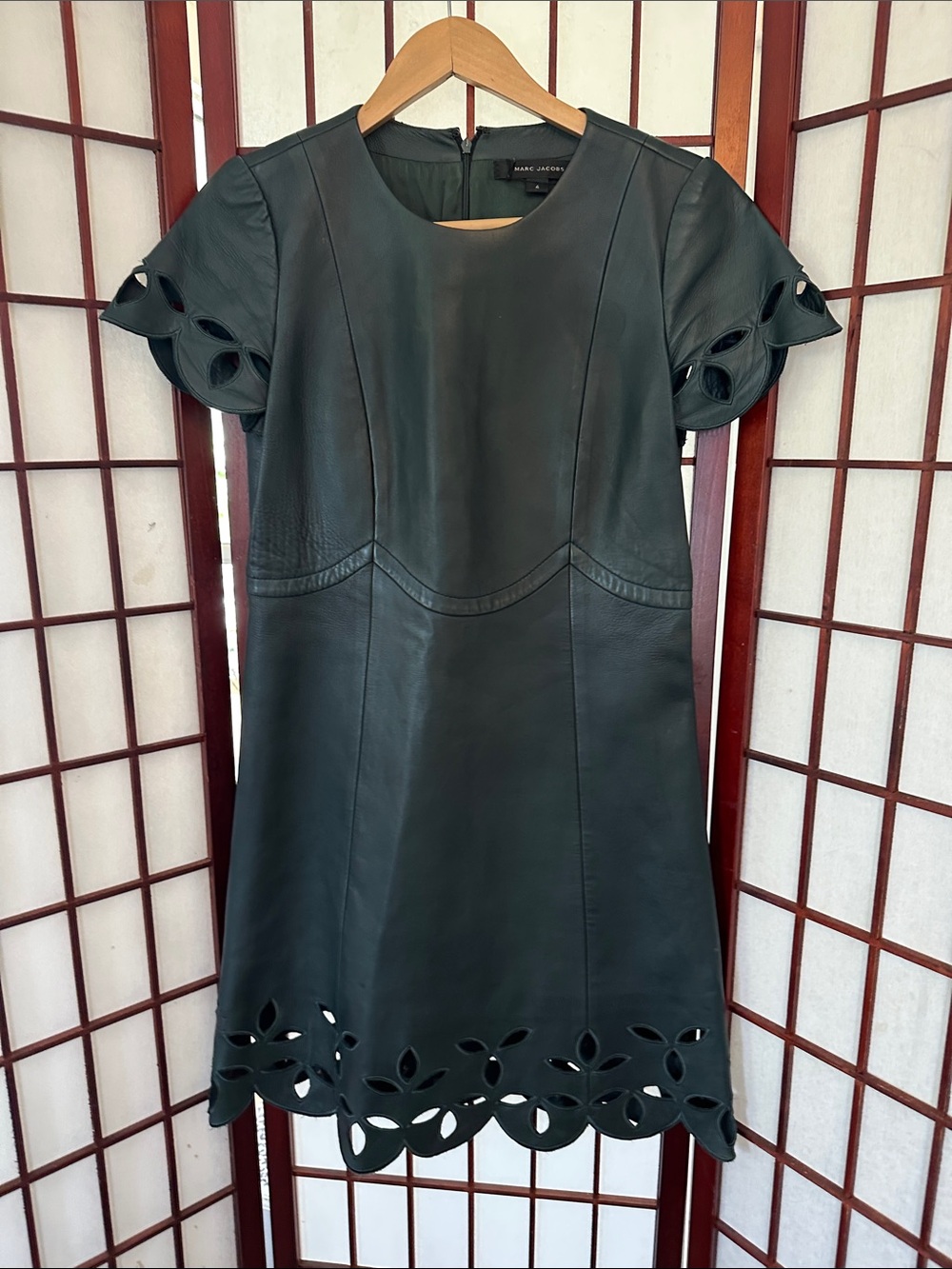 Marc Jacobs dark green leather Leather Mini Dress with Cutout Hem and sleeves.